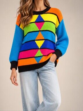 Hand Knit Rainbow Colorblock Sweater Geometric Diamond Chunky Knit Handmade